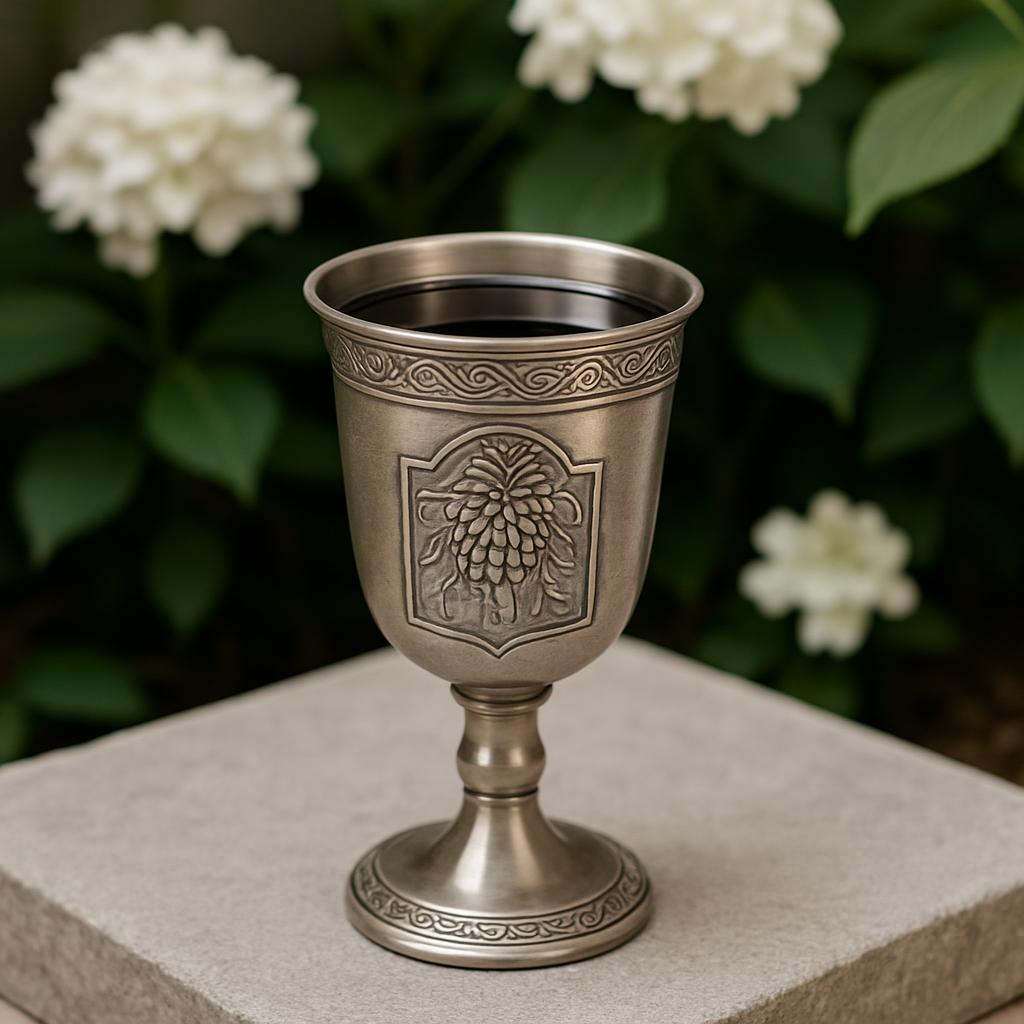 The image shows a silver goblet with intricate engravings placed on a square stone slab, all set against a floral backdrop...